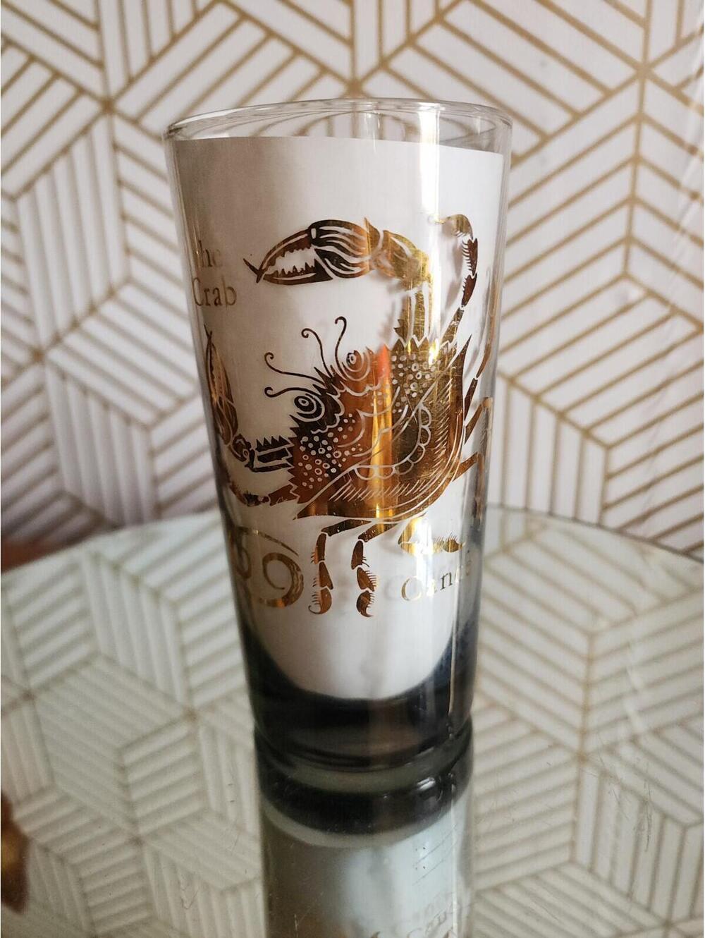 Vintage MidCentury Smoked Glass CANCER Zodiac Cocktail Collins Astrology Tumbler